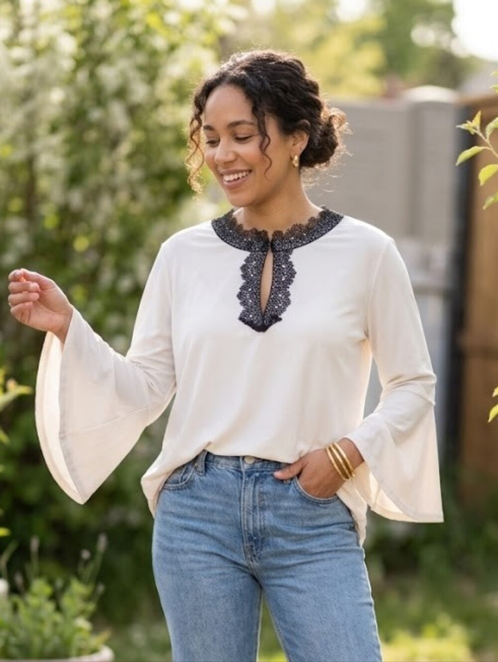 Romantic Cream & Lace Statement Blouse